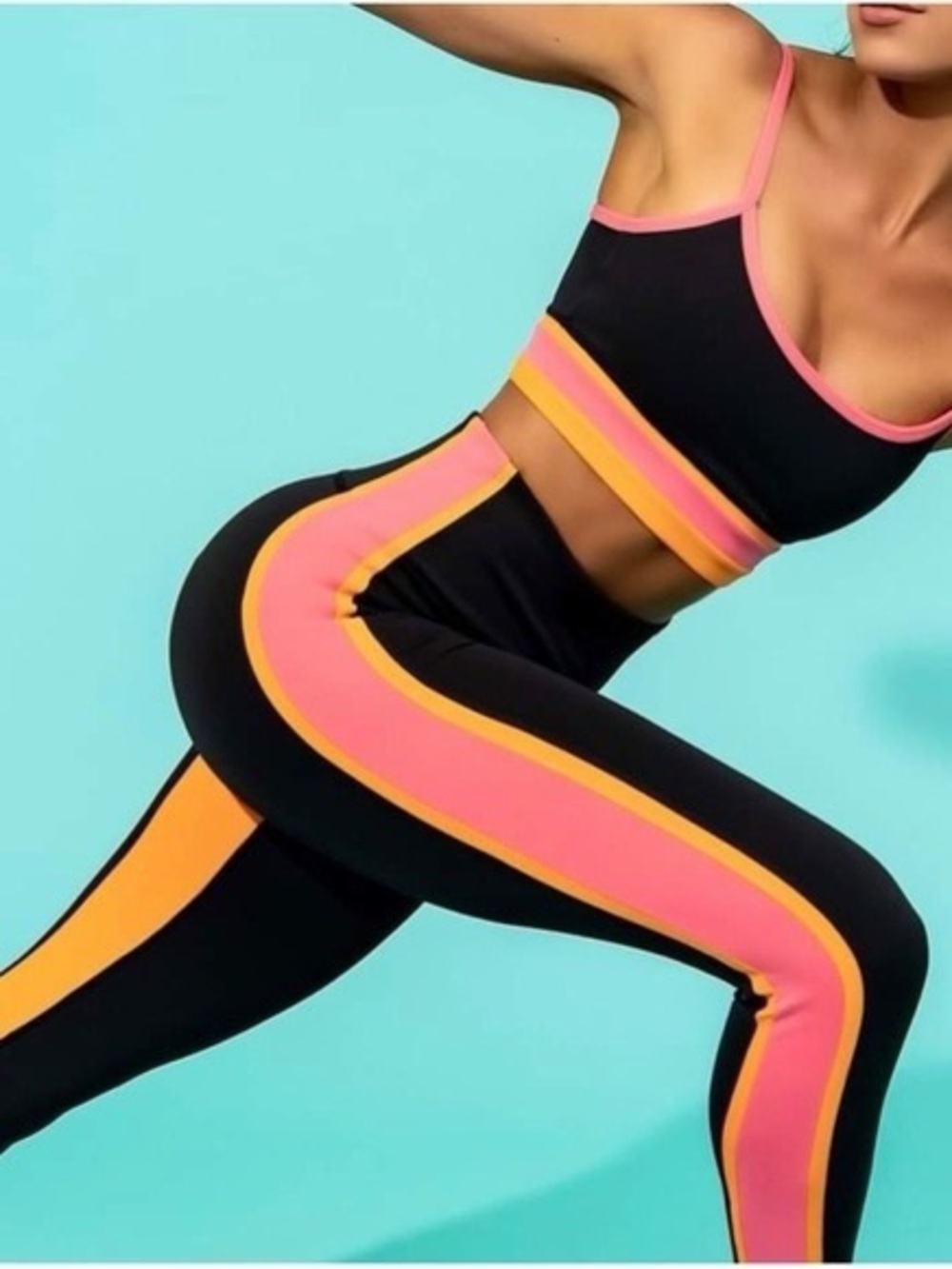 Black Active Leggings and Crop Top Set with Pink and Orange Stripes